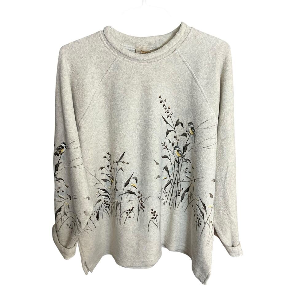 VTG Artisians women's 2XL birds flower print fleece beige sweater